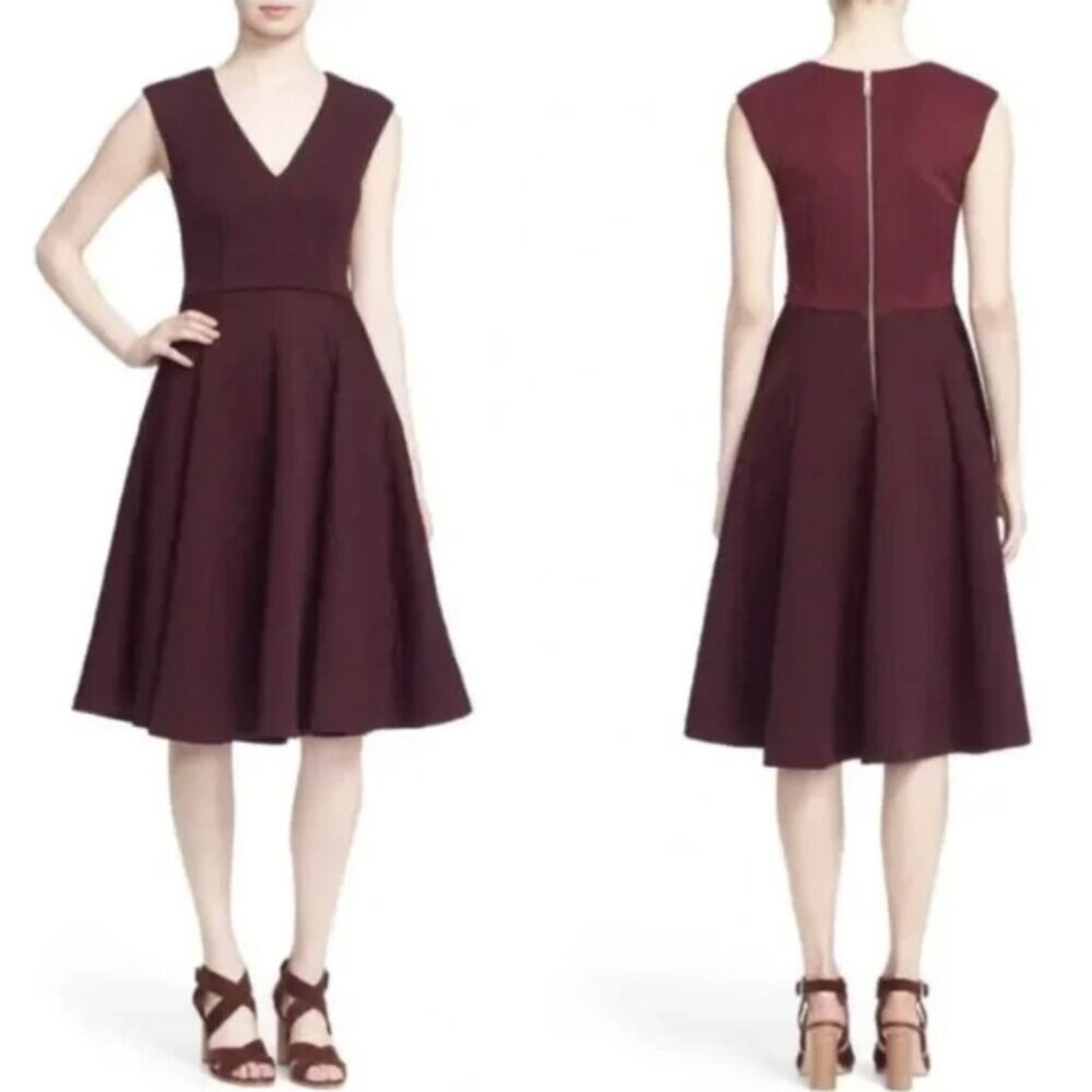 TED BAKER Dhamira  V Neck Jacquard Fit & Flare Dress Maroon Burgundy Size 2 / 6